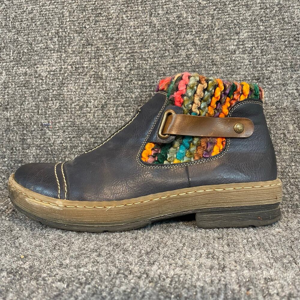 Rieker Women's Black faux Leather Ankle Boots Multicolor Knit Cuff Size 40 US 9